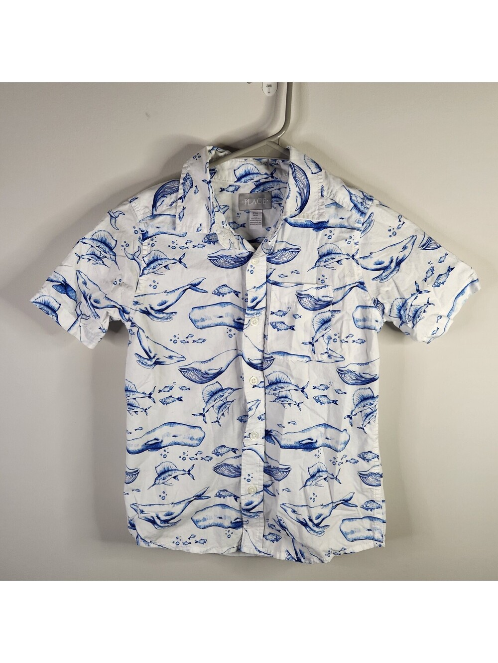 Children's Place white and blue fish/whale print short sleeve button-up shirt